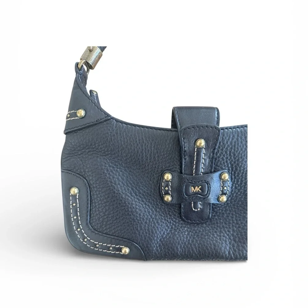 Michael Kors Black Leather Shoulder Purse with Braided Strap and Gold Detailing
